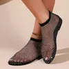 Sandaler Round Head Hollow Net Red Inlaid Diamond Short Boots Summer Sexig stor storlek Platta skor