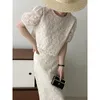 Duas peças Vestido de verão Salia feminina Conjunto de celebridade coreana elegante sets brancos de arco redondo de manga curta de manga curta Slim Long 2pcs