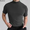 Camisetas masculinas 2024 Mens Summer Camiseta casual T-shirt Solid Fashion Streetwear Alto Gola alta camisa de mangas curtas Male de tamanho grande camisa de tamanho grande