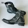 Boots Black& Street Vintage Retro Genuine Leather Men Motorcycle Boots Handmade Do Old Denim Cowboy West Boots