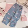 SET GIRN AUTUNNO Spring Set di abbigliamento a colori solidi Topletter a manica lunga stampare jeans gamba larga 2 pezzi per 4-12 anni outfit di moda per bambini 240401