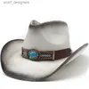 Brede rand hoeden emmer hoeden dames mode heren retro turquoise lederen band band holle-out bohemia cowboy western zomer stroming cowgirl zon hoed 58 cm y240409