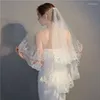 ブライダルベールズホワイト2層幾何学レース短い結婚式ベールエレガントなキラキラスパンコールとコーム