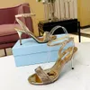 Gouden leer 90 mm Stiletto Sandalen Silk enkelband Rhinestone Decoratie feest avondschoenen damesontwerpster Hoge hakken 35-42 met doos