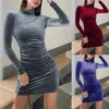 캐주얼 드레스 여성 스웨터 셔츠 긴 소매 가벼운 터틀넥 루치 단색 Midi Seamed Dress Button