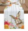 Easter Bunny Eggs Rabbit Spring Flowers Blue Streak Linen Table Runner Farmhouse Holiday Kitchen Dining Party Wedding Home Decor