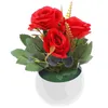Fleurs décoratives artificielles fausses de rose décor simulées plantes en pot ornements réaliste petit bonsaï vert