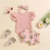 Ensembles de vêtements 0-24 mois nés bébé fille d'été de vêtements floraux à manches coupées couper fleurs shorts avec bandeau belle tenue 3pcs