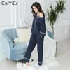 Heimkleidung Caiyier Baumwollpyjamas Sets Langarm Set Off-theulder-Pyjama Set für Frauen sexy atmungsaktive Nachtwäscheanzug Homewear