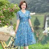 Party Dresses Women Summer Casual Dress Ladies Middle-aged Print Short Sleeve Pleated Female Vintage V-neck Vestidos