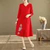 Lässige Kleider eleganter Cheongsam ethnischer Stil Stickerei Sommerkleid Frauen Kleidung Mode Kleidung Vintage Baumwolle Leinen Qipao