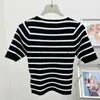 Designer Women's T -shirt High End Channel Classic Letter Brodery Striped Wool Friendly 5/4 Sleeve Slim Fit Short Thin Knit tröja Toppar Tees