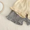 Clothing Sets 2024 Summer Baby Grid Thin Set Toddler Ruffle Slevees Tee And Shorts 2Pcs Born Girls Cotton Camisole Bloomer