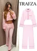 Calça de duas peças femininas trafza feminina fatos de moda rosa colarinho de mangas compridas de mangas compridas camisas curtas de peito curto