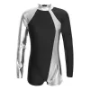 Barnflickor Metalliska gymnastik Leotard Color Block Ballet Dance Jumpsuit för Teen Long Sleeve Acrobatics Figur Skating Bodysuit