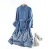 Casual Dresses Autumn Denim Embroidery Dress Women Lapel Collar With Belt Skirt Long Sleeve Loose Shirt Retro Spring D39553QC