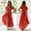 Été Maxi Robe Femme Courte courte Casual V Couche Floral Print Boho Boho Long Robe S ~ 5xl Sexy Split Party Robe 240325