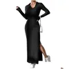 Grundläggande avslappnade klänningar Kvinnor Mantelklänning Elegant Plover Turn-down Skickad tröja Autumn Slim Fit Chic Female Midi Vestidos 2023 Drop D DH690