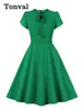 Sukienki imprezowe tonval muszka karmowa festiwal z rękawami płatkami elegancki strój Kobiet Letni kolor stały w latach 50. vintage A-line