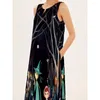 Casual Dresses Women Maxi Black Mysterious Theatre Print Sleeveless V-Neck Ankle Dress