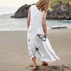 Vestidos casuais tanque de praia estampada vestido longo para mulheres de verão o-pescoço mangas maxi ladies bolsos soltos femininos