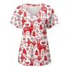 Christmas Nurse Uniform Women Medical Scrubs Santa Claus Elk Print Short Sleeve Pocket Overalls Carer Healthcare Working Uniform