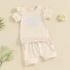 Teyze kız bebek giysileri yürümeye başlayan çocuk kısa kollu mektup nakış tişörtlü çekme şortu set sevimli yaz kıyafeti