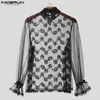 Men's T Shirts Sexy Mens Lace Jacquard Design T-shirts Fashion Casual See-through Thin Bubble Long Sleeved Camiseta S-5XL INCERUN Tops 2024