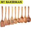 1-9pcs/set di utensili da cucina in legno set, cucchiai in legno per cucina, utensili, cucchiai in legno in teak naturale per regalo di padella antiaderente