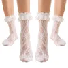 Women Socks 2 Pairs Lace Mid Tube For Women's Lolita Retro Jacquard Princess Sock White Breathable Anti Hook Silk Girls'