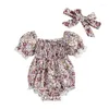 Kledingsets Baby Girl bloemenprint RUFFE ROMPER Zomeroutfit Puff met korte mouw Bodysuit Off Shoulder Jumpsuit Shorts Hoofdbanden