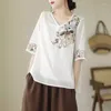 Women's T Shirts Ethnic Style Clothing 2024 Artistic Retro Cotton Linen Top Ramie Shirt Short Sleeve Summer Thin Embroidered K520