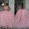 Rosa Princesa Quinceanera Vestidos de baile de baile do ombro Floral 3D Aplicado Vestido de Quinceanera sem costas Vestido de 15 máscaras