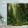 森林の風景シャワーカーテン日光の木の緑の植物霧の多い自然風景の浴室のアクセサリーフックスクリーンを洗える