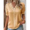 Blans des femmes Summer V Neck Lace Coux Patchwork Shirts Femmes Hollow Short Sleeve Pullover Top Bureau Elegant Lady Blouse