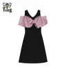 Robes décontractées tingfly femmes mode décor de bowknot froide la robe d'été épaule Lady chic slim fit vestidos noirs mini elbise courte