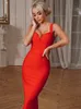 Sukienka midi bandage kobiety czerwona sukienka imprezowa bodycon elegancka sexy V w kształcie spaghetti pasek wieczorny strój urodzinowy lato 240326