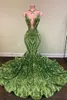 Olive Sparkly Sequins Green Mermaid Afrikaanse prom jurken zwarte meisjes juweel nek illusie lange afstuderen jurk plus size formele lovertjes avondjurken