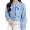 Våren nya White Ribbon Womens Long Sleeved Chiffon Fashion Style Shirt Top