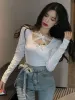 Kamery wiosenne letnie blaty seksowne wstążki z kokardą długi rękaw Top Slim T Shirt dna Kobiet O -Neck Cross Cross Solid Color Retro Korea E3pa