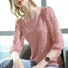S-3xl Nouveau chemisier en dentelle coréenne transparente y2k rose mignon sweet t-shirt femme rétro à manches courtes en dentelle