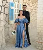 Blue Evening Dresses Party Satin Aline Löstagbara korta ärmar Arabiska Dubai Prom -klänningar Kändis Formal1825901