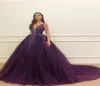 Splendido abito da ballo Quinceanera Dresses Purple Deep Neck Pace Appliques Leci Appliques ragazze Abito da festa Spazza