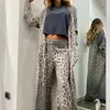 Pantalon féminin à deux pièces OMSJ 2024 Spring Casual Leopard Print Suit Femme Fomes à manches longues Long Cardigan Top élastique