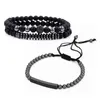 Link Bracelets 3Piece/Set Masculine Natural Stone Bracelet Beads Bangles Adjustable Size Black Rope Flat