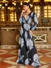 Casual Dresses Missord Elegant Black Print Prom Women Deep V Neck Lantern Sleeve Belted A-Line Evening Dress Long Party Gown