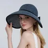 Womens Hat Summer Wide Brim Air Sun Hats UV Protection Top Empty Bow Hollow Straw Adjustable Ladies Foldable Beach Hat240409