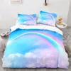 Regenboog dekbedovertrek set kleurrijke regenboog witte wolken patroon schattig kawaii polyester dekbed deksel koning queen size voor meisjes