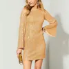 Casual klänningar 2024 Kvinnor O Neck Party Mini Dress FLAGE Long Sleeve Fashion Sequin Elegant Ladies Solid Color Zipper Bodycon