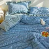 Yatak takımları 2024 sevimli fırfırlı set mavi yatak sayfası yastık kılıfı yorganı 4pcs yumuşak kawaill prenses yorgan kapağı